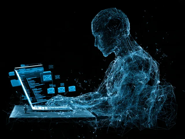 A wireframe figure of blue triangles at a laptop, with email icons rising from the screen