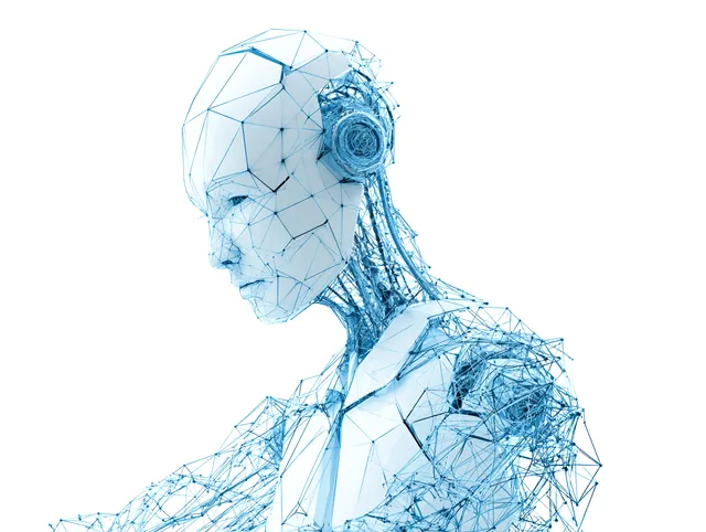 A humanoid figure built from blue wireframe triangles, head bowed in thought