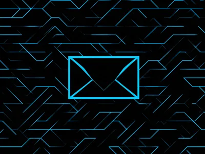 A single envelope outlined in blue over a dense circuit pattern