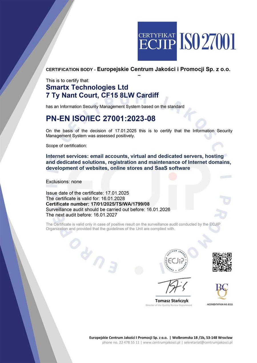 ISO/IEC 27001 certificate - Smartx Technologies Ltd