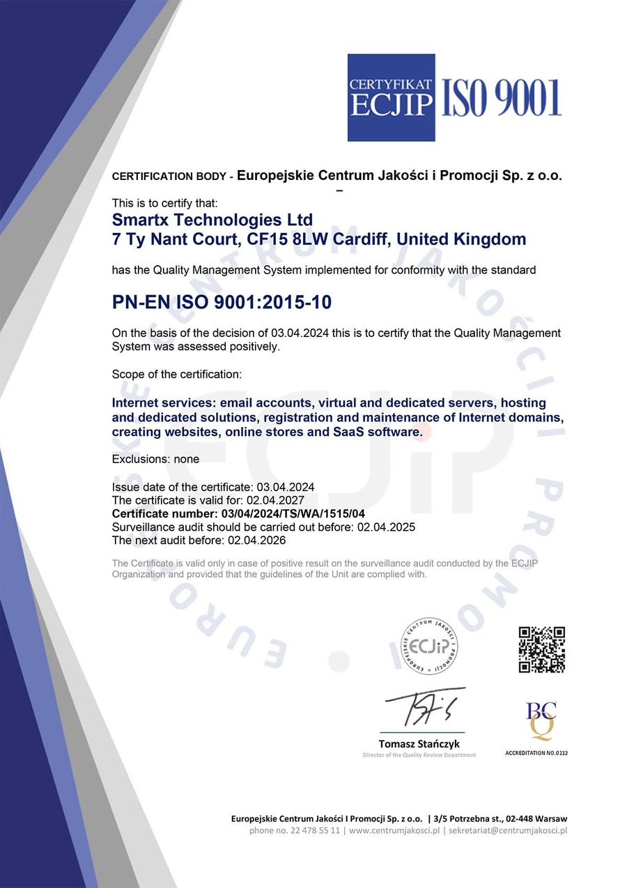 ISO 9001 certificate - Smartx Technologies Ltd