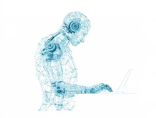 A wireframe figure of blue triangles typing at a laptop