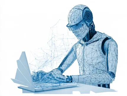 An AI agent at a laptop, drawn as a wireframe of blue triangles