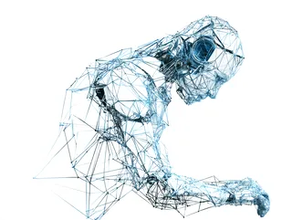 A wireframe figure of blue triangles leaning forward in thought