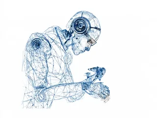 A wireframe figure of blue triangles examining a document in its hands
