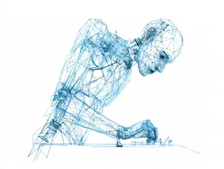 A kneeling wireframe figure of blue triangles on watch