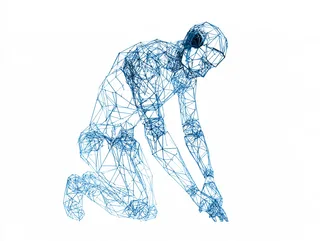 A wireframe figure of blue triangles reaching forward