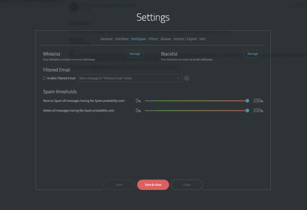 Private mail - antispam settings