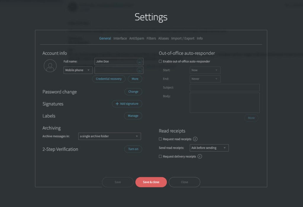 Private mail - account settings
